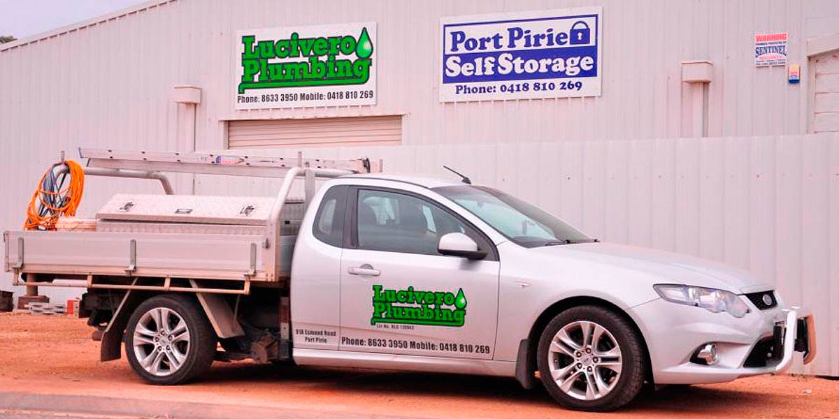 A Lucivero Plumbing ute parked outside the company yard on Esmond Road, Port Pirie